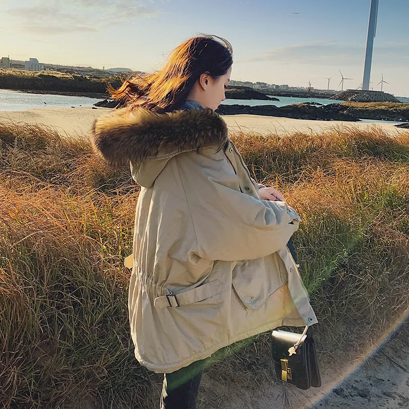 

Winter Coat Women's 2019 New Style Cotton-padded Jacket Korean-style Loose Thick Waist Hugging Slimming Large Fur Collar Workwea