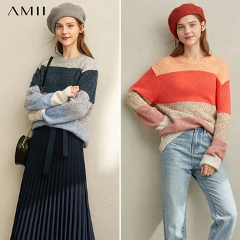 

Amii Minimalist Rainbow Striped Sweater Women Winter Casual Loose Long Sleeve Round Neck Female Knitted Sweater 11920351