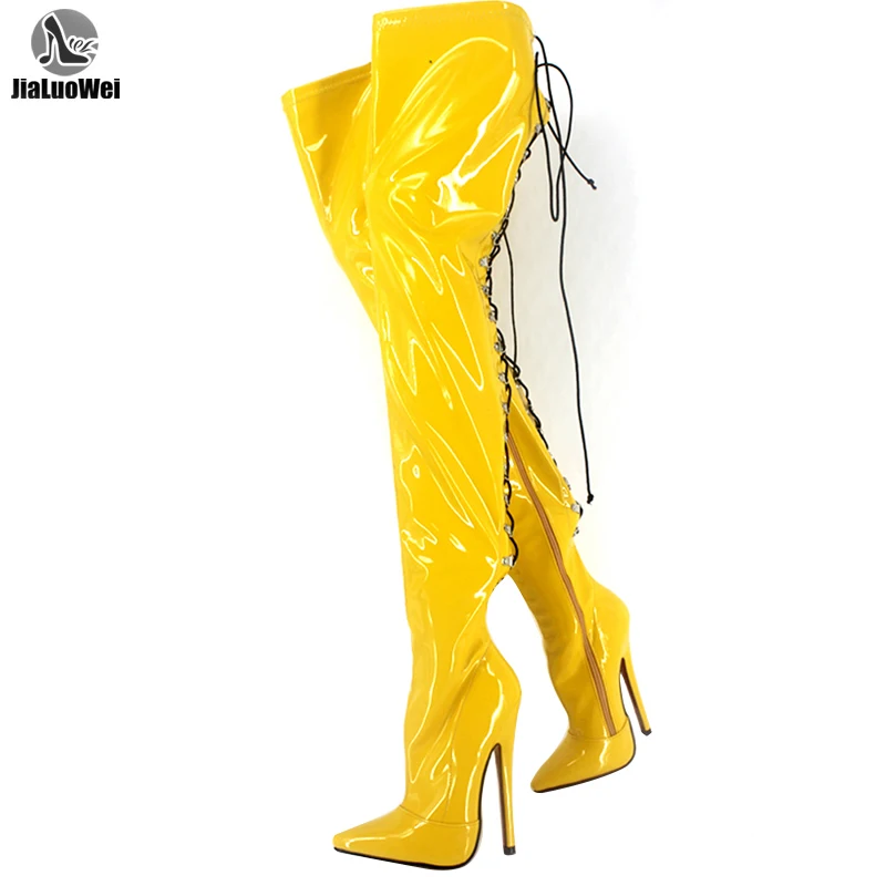 

Women Over The Knee Boots 18CM Super High Heel Stiletto Sexy Back Cross-tied Stretch PU Leather Thigh Long Boots