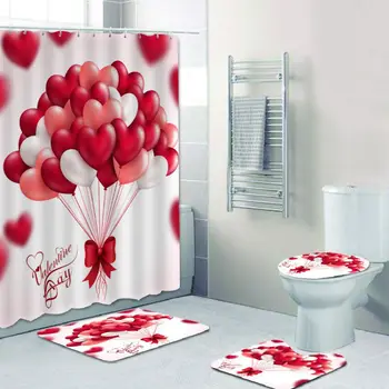 

4-piece/Set 3D Digital Valentine's Day Printing Shower Curtain Carpet Floor Mat Combination Bathroom Toilet Mat Dropshipping