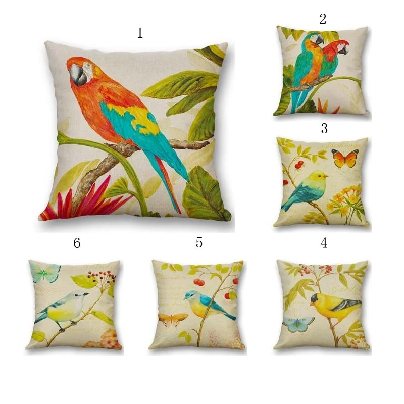 Декоративная наволочка в садовом стиле с цветами и птицами попугаями|Наволочка| |