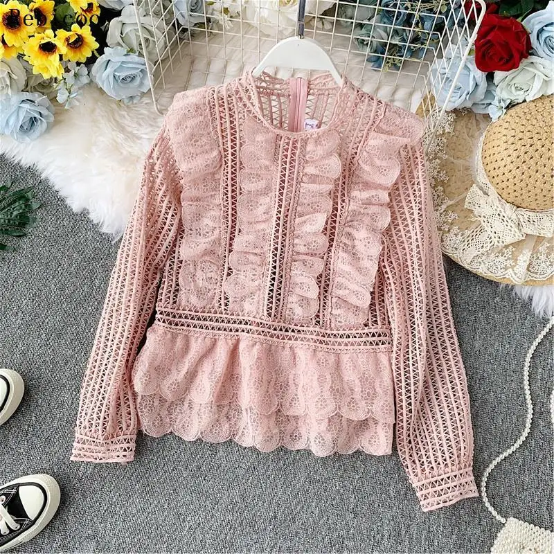Sweet Hollow Lace Ruffled Shirts Stand Collar Spliced Lace Pleated Blouses 3D Lotus Decor Multi-Layers Long Sleeved OL Tops