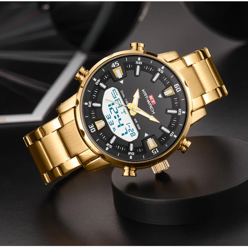 2021 Gold Wrist Watch Men Top Brand Waterproof Sports Digital Watches LED Steel Military Quartz Watch For Men Wristwatch Relogio