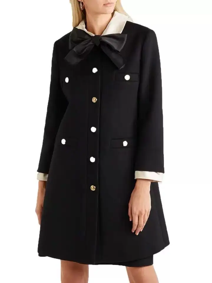 

New big size temperament black woolen coat elegant doll collar bow mid long coat temperament overcoat