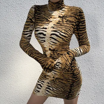 

tiger animal print mini dress long sleeve gloves bodycon sexy turtleneck streetwear clothes autumn winter clubwear