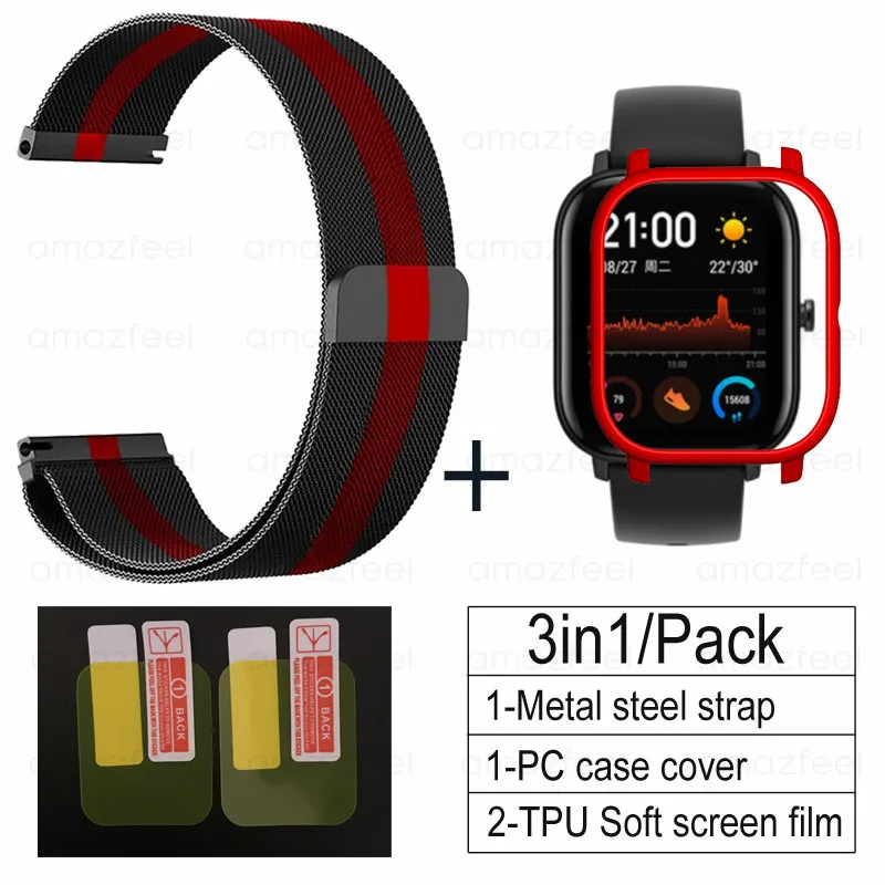 3в1 металлический ремешок для Amazfit GTS, чехол-браслет для Huami Amazfit GTS, защитная пленка для экрана, бампер, аксессуары - Цвет: black red-red
