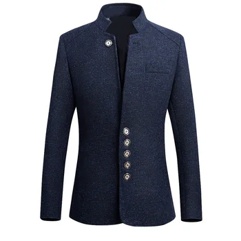 

HEFLASHOR Vintage Blazer suit Men Chinese style Business Casual Stand Collar Male Blazer Jacket Slim chaqueta formal hombre
