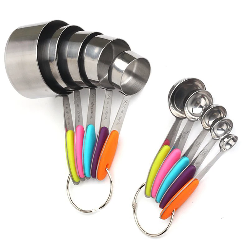 

10 Pcs / Set Stainless Steel Measuring Spoons with Soft Silicone Handles Measure Cups Kitchen Tools