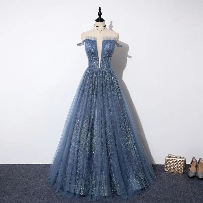 

Stunning boat neck off the shoulder a line beading sparkly prom dress illusion floor to length evening formal gown long cocktail