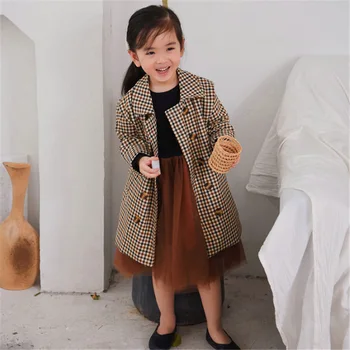 

WLG girls fashion trench kids turn down collar long style plaid coat baby girl spring autumn all match clothes