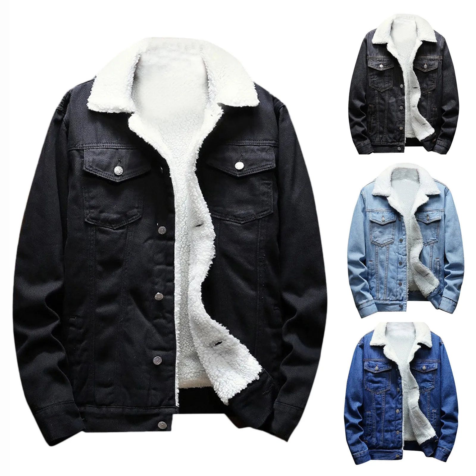 Men's Plush Thick Denim Jacket Winter Warm Fleece Casual Long Sleeve Turn-down Collar Solid Denim Coat Куртка Мужская Осень 1