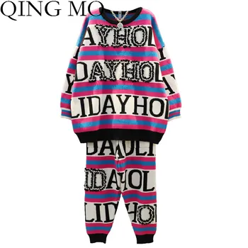 

QING MO Letter Sequins Women Sweater Set 2020 Winter Contrast Color Knitted Set Plus Size Two Piece Set Streetwear QYF171A