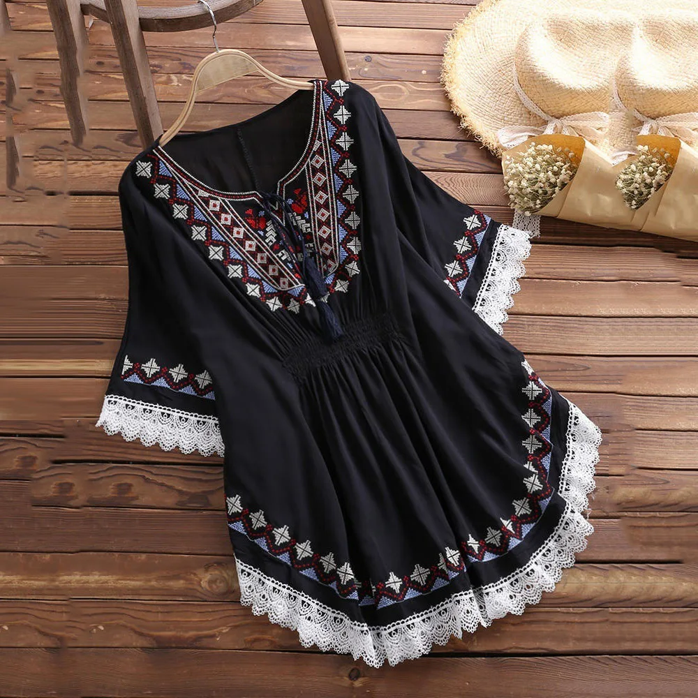 Boho Chic Этническая Вышивка Блузка женская белая рубашка Женская Туника рубашки весна лето блузка с бахромой модные черные пляжные Топы