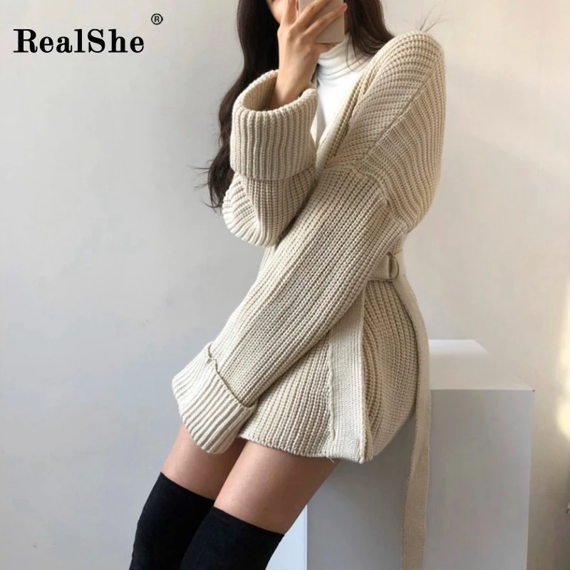 RealShe, свитер, пальто, женское, v-образный вырез, свободный, длинный рукав, бандаж, женский кардиган,, весна, Повседневный, однотонный, длинный, женский свитер