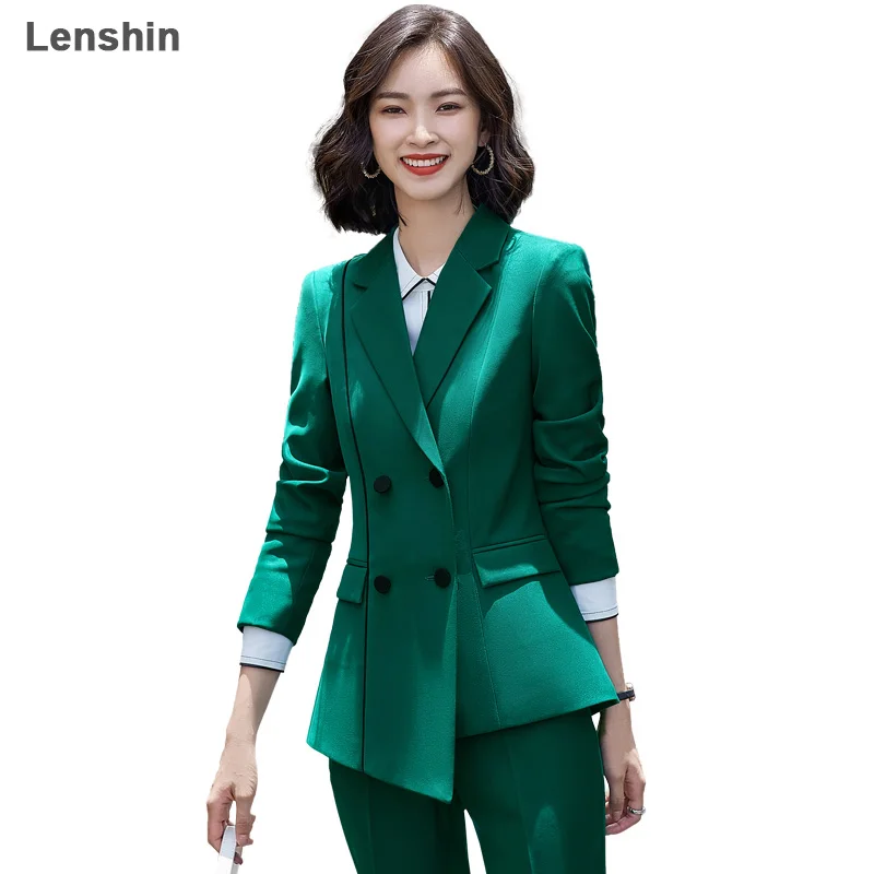

Lenshin Soft 2 Piece Set Formal Pant Suit Asymmetry Blazer Office Lady Uniform Design Women Business Jacket and Flare Pant