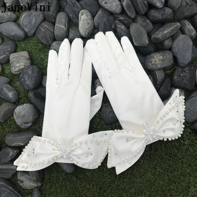 JaneVini Romantic Satin Bridal Gloves Big Bow Pearls Full Finger Short Evening Gloves for Women Wrist Length Wedding Accessories