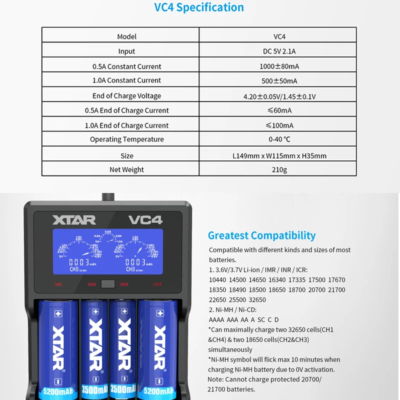 XTAR VC4 VC2 зарядное устройство для батареи 3,7 в Интеллектуальный литий-ионный 18650 17500 10440 16340 18350 26500 AA/AAA NiMH Зарядное устройство для литиевых батарей