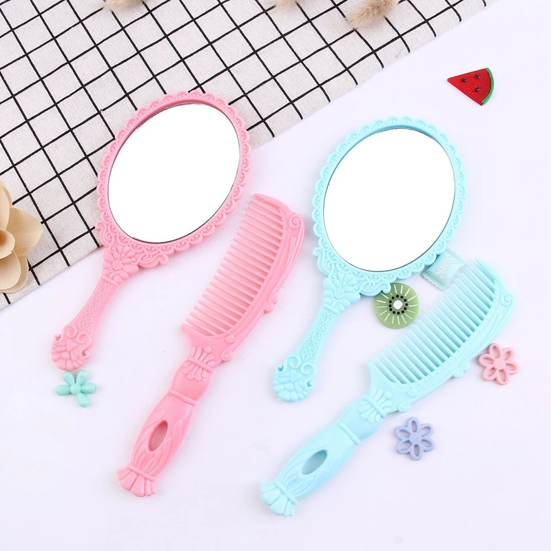 

2pcs/set Creative Children Mirror+Comb Set Hair Care Accessories Baby Girls Portable Comb With Handle Makeup Mirror Comb Set
