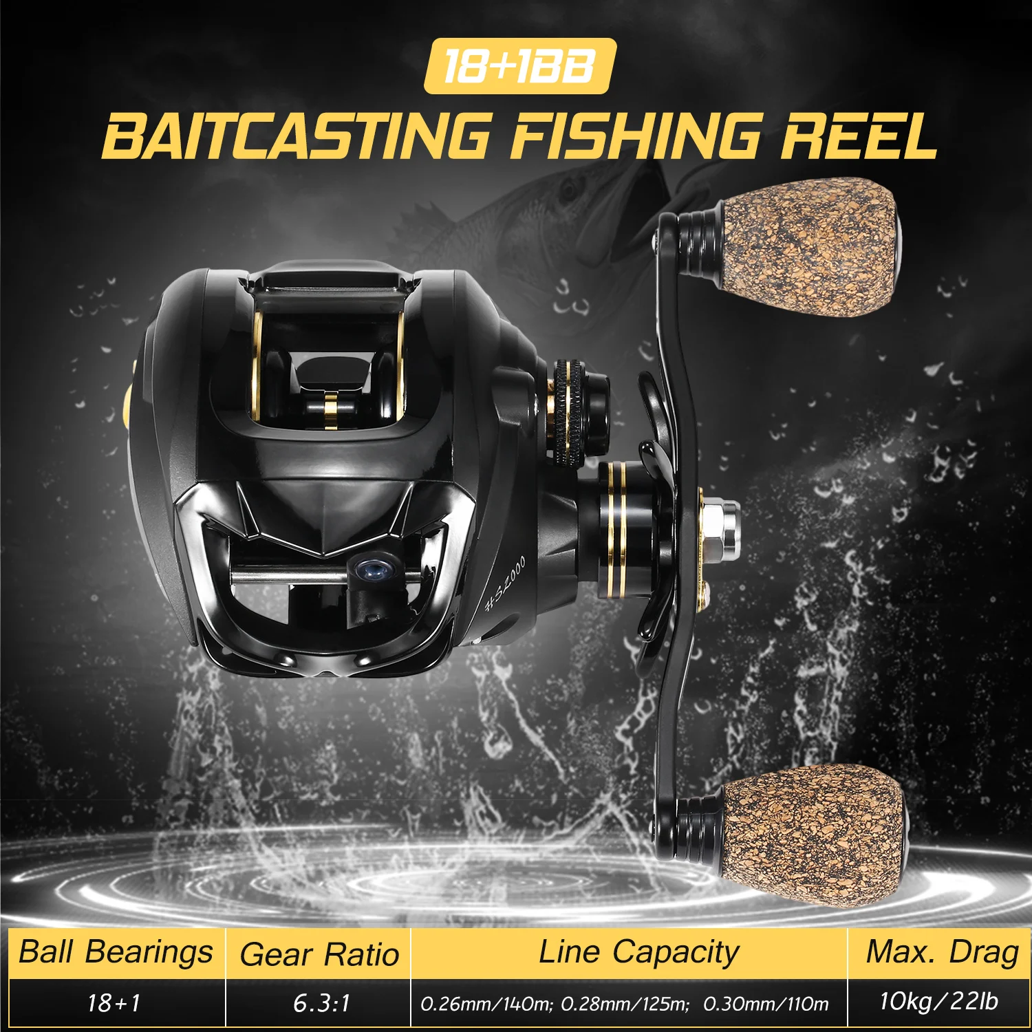 

18+1 Ball Bearings Baitcasting Fishing Reel with Deep Shallow Spools 6.3:1 Gear Ratio Poweful Fishing Bait Casting Reel