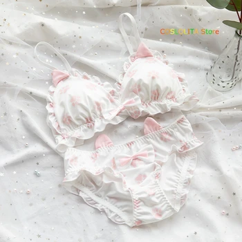

Japanese New Soft Sister Sweet Bra & Panties Set Lolita Cute Cat Claw Milk Silk Intimates Bowknot Triangle Cup Underwear Suit