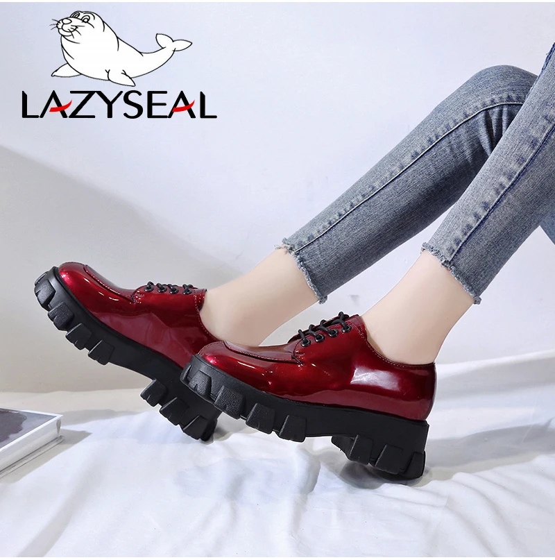 LazySeal обувь из лакированной кожи на платформе; женская обувь на шнуровке; обувь с круглым носком на толстой подошве; повседневная женская обувь; zapatos mujer