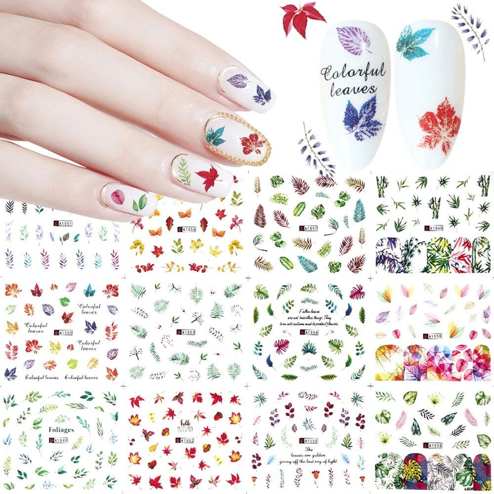 

12pcs Autumn Nail Stickers Water Transfer Decals Colorful Maple Leaves Design Wraps Tattoo Nail Art Decor Manicure LAA1549-1560