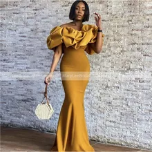 Unusual Gold Yellow Mermaid Bridesmaid Dresses Off The Shoulder Ruffles Neckline Customize Wedding Maid Of Honor Party Gowns