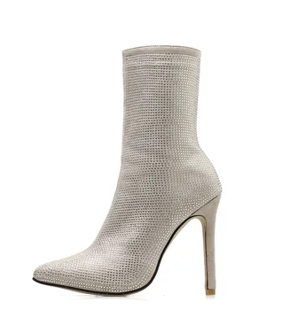 

Women's Boots Sexy Luxury Pointed Suede Full Rhinestones Fine Super High-heeled Nightclub Girls Soft Fashion Side Zipper Booties
