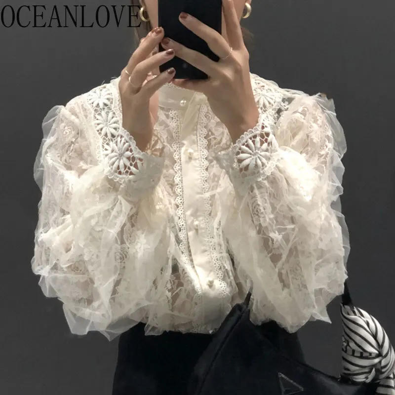 OCEANLOVE Korean Ins Vintage Women Blouses Stand Collar Lace 2020 Blusas Mujer Solid Hollow Out Romantic Shirts Spring 14566 | Женская