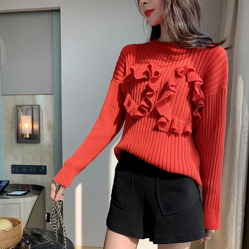 TWOTWINSTYLE Casual Red Striped Knitting Sweaters For Women O Neck Long Sleeve Autumn Pullovers Female Fashion Clothing New