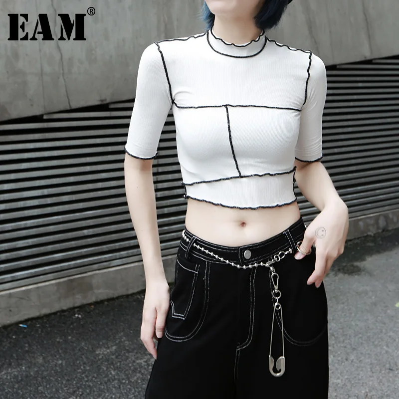 

[EAM] Women Causal Splice Contrast Color T-shirt New Stand Neck Short Sleeve Fashion Tide All-match Spring Autumn 2019 JZ469