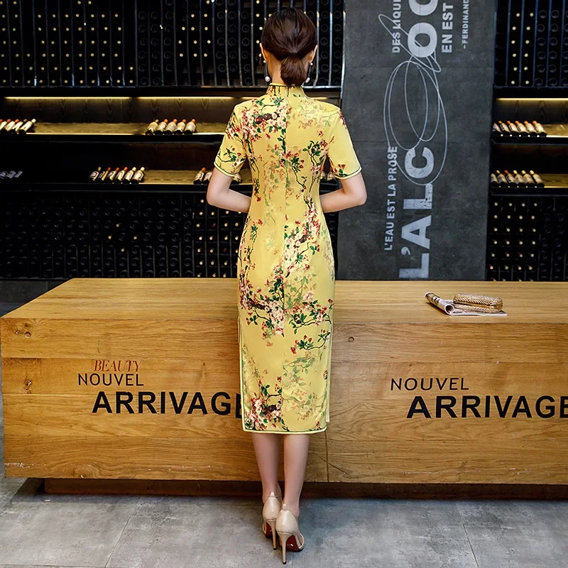 Жёлтое китайское платье миди длинное Cheongsam Aodai Восточный Vestido винтажное платье Fete с принтом шелковое Qipao Ao Dai вьетнамское платье FF2187