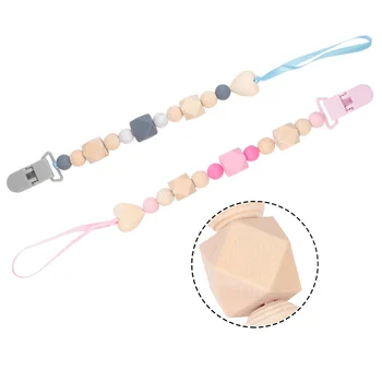 

2Pcs Pacifier Clips Geometry Shape Pink Grey Teething Beads Pacifier Chain Pacifier Clips for Gift Kid Child