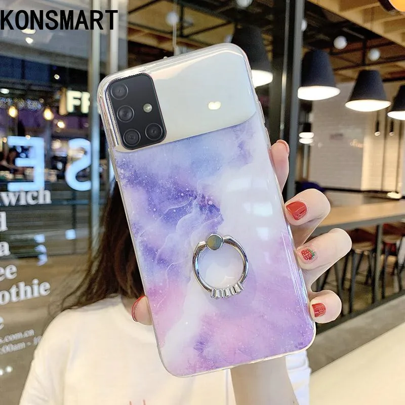 

KONSMART Makeup Mirror Case For Samsung Galaxy A91 A81 A71 A51 Cover Luxury Marble Silicone Case With Ring For Samsung A81 A91