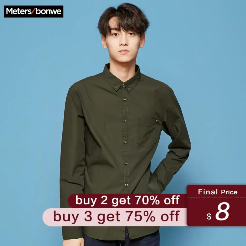 

Metersbonwe Brand Men Olive Green Shirts 2019 Spring Autumn Male Slim Long Sleeve shirts regular Cotton Male Basic tops