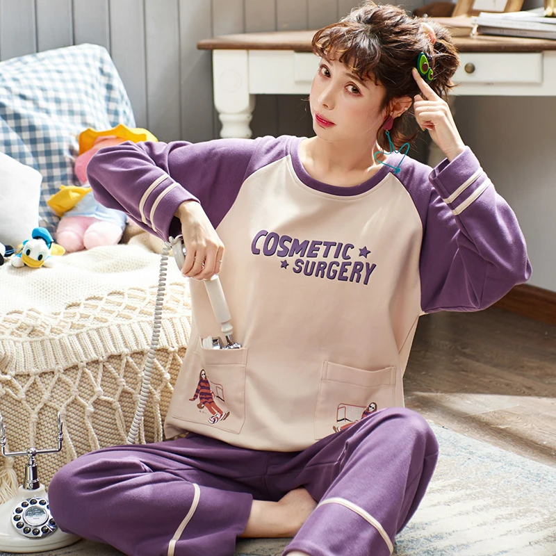 Новое поступление, Осенний пижамный комплект, Женская Хлопковая пижама с милым буквенным принтом, Женский пижамный комплект с длинными рукавами, 2 предмета, домашняя одежда XXL