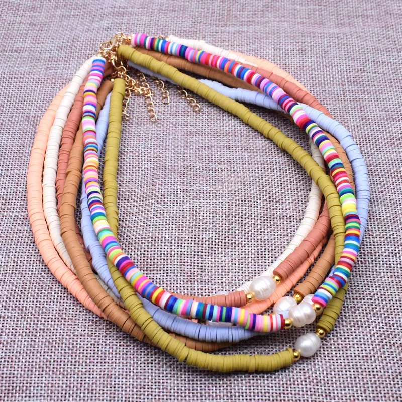 Collar bohemio perla Natural de agua dulce para mujer, Gargantilla de cuentas de arcilla polimérica de Color suave, Gargantilla, joyería para mujer