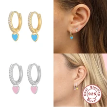 Aide 925 Sterling Silver Hoop Earrings With Cute Candy Neon Color Enamel Heart Charm Drop Earring Gold Silver Color For Girls
