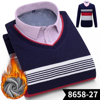 

Winter Fake two-piece warm Heart-shaped neck pullover sweater shirt men plus velvet thick shirts men dress long sleeve men Shirt