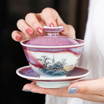 

Creative Gaiwan 140ml Ceramic Tea Bowl Jingdezhen Vintage Tea Tureen Master Cup Handmade Teaware Drinkware Drinkware Kung Fu Tea