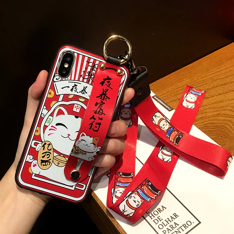 For iPhone 11 pro Max Cute Lucky Cat Case, Fortune Cat back Case cover For iPhone X XS Max XR 6 7 8plus Maneki Neko Shell+Straps - Цвет: As shown in