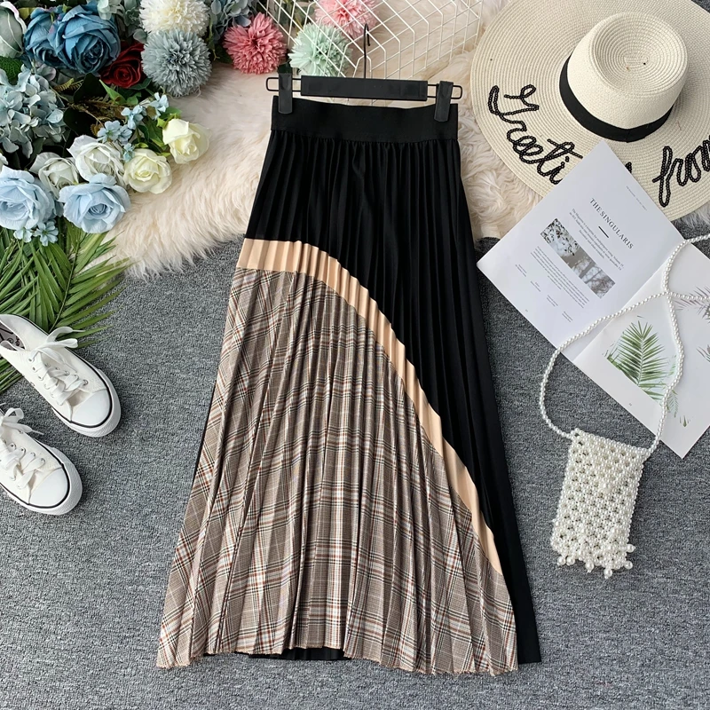 

New Fall & Winter Women Fashion High Waist Slim Stretch A-line Stitching Pleated Skirt Ladies Mid-calf Lattice Swing Long Skirt