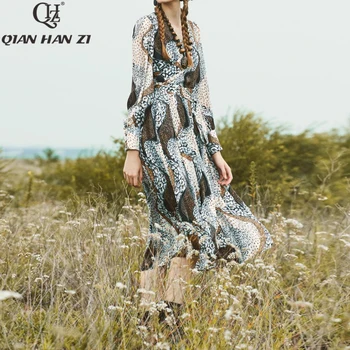 

Qian Han Zi 2020 Runway Summer Long Dress Women's Long Sleeve vintage Chiffon Print Dress V-neck Slim Leopard Midi Dress