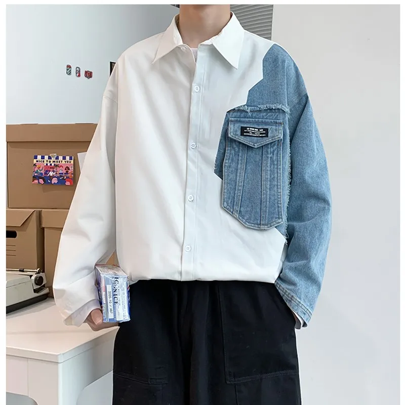2020 Autumn Men's Shirts Denim Spliced Oversize Fashion Shirts White Blue Patchwork Hip hop Streetwear Loose Jeans Shirts Men 2020 Autumn Men's Shirts Denim Spliced Oversize Fashion Shirts White Blue Patchwork Hip hop Streetwear Loose Jeans Shirts Men