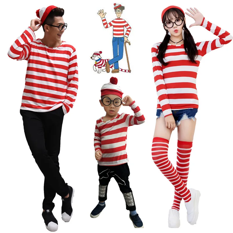 

Smart Wally Where's Wally Cartoon Characters Cosplay Clothes Halloween Parent-child Matching Outfit