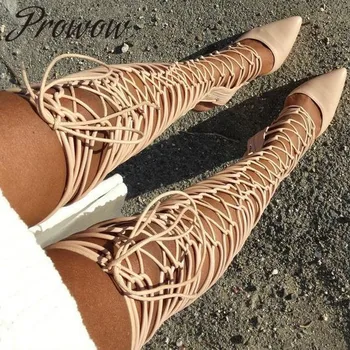 

Prowow New Rome Gladiator Lace Up Over The Knee HIgh Thigh High Boots Sexy Pointed Toe Zip Back High Heel Boots Shoes Women