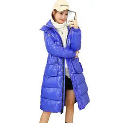 2019 новые зимние парки Женские глянцевые кожаные пуховые хлопковые куртки женские утепленные длинные с капюшоном куртки с хлопковой
