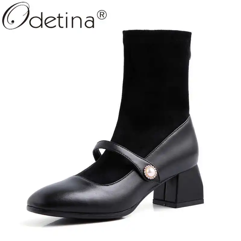 Odetina/Новые Модные женские элегантные однотонные сапоги до середины икры из искусственной замши на толстом каблуке обувь Мэри Джейн из искусственной кожи на молнии и среднем квадратном каблуке с пуговицами