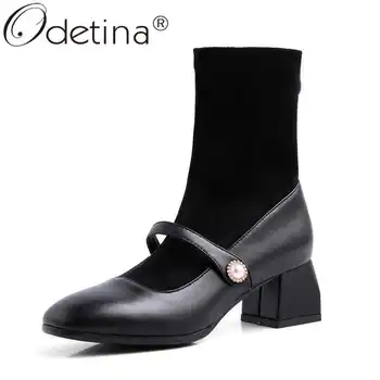 

Odetina New Fashion Women Solid Thick Heel Elegant Faux Suede Mid Calf Boots PU Zip Up Block Mid Heel Button Mary Jane Shoes