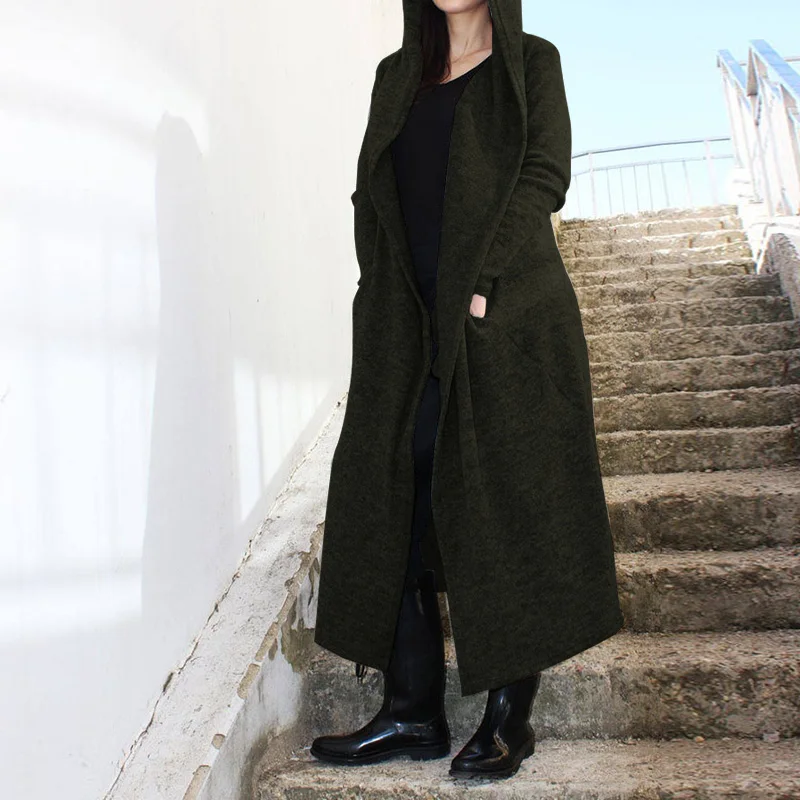 Модные Асимметричные пальто женские пальто ZANZEA повседневные Макси парки Женские однотонные открытые пальто с капюшоном верхняя одежда размера плюс Топ - Цвет: Армейский зеленый